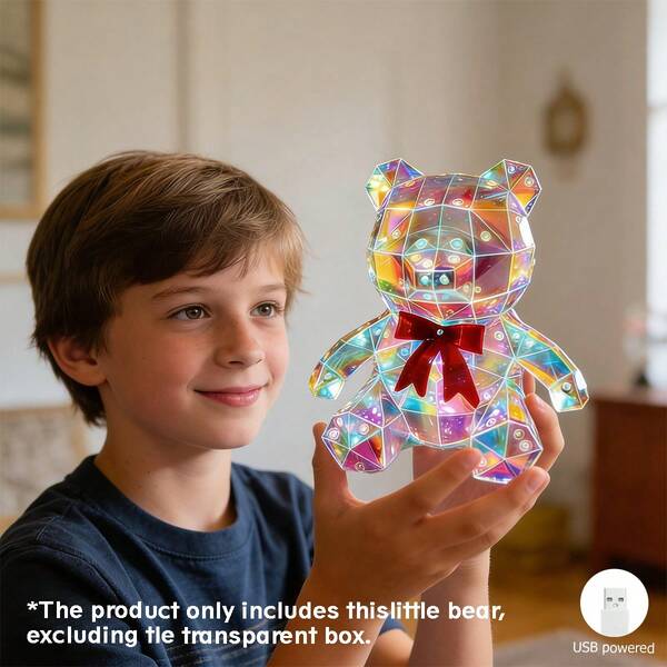 1个可爱炫彩LED蝴蝶结小熊灯，渐变亮片设计，节日装饰灯，USB供电，无需电池，适用于家居派对婚礼装饰，圣诞节、复活节、儿童节，装饰礼品
