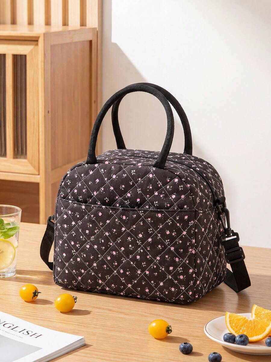 1pc Floral Pattern Insulated Lunch Bag, Quilted Thermal Lunch Tote, Food Storage Bag, Quilted Floral Handbag, Reusable Lunch Box, Leak-Proof Lunch Tote, Coquette Stylish Insulated Cooler Bag, Cute Lunch Tote, Large Capacity Reusable Thermal Cooler Bag, Home Storage Bag, Suitable For Work, Picnic Or Travel, School, Christmas Gift, Back To School Season - 蒙特內哥羅 - 查看 1