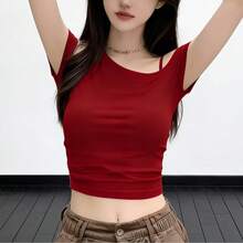 性感别致红色露肩无袖T恤，独特时尚修身女式上衣，夏季休闲款 - 紅色 - 查看 6