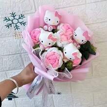 SANRIO 三丽鸥手工针织Hello Kitty花束，逼真仿真花，派对装饰，婚礼新娘捧花，送朋友的礼物，生日，圣诞节，情人节，母亲节礼物 - 彩色 - 查看 5