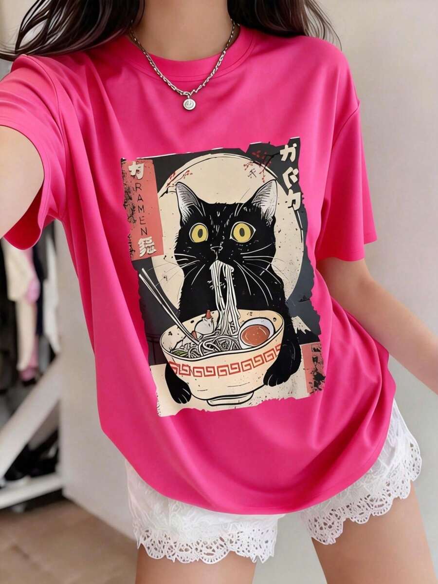 Teenage Girls' Cartoon Cat & Ramen Print Short Sleeve T-Shirt, Teenage Girls' Summer Round Neck Blouse - Hot Pink - View 1