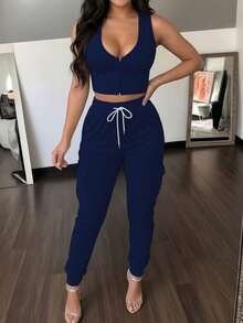 Conjunto de 2 piezas de top sin mangas de unicolor casual de verano y pantalones largos con bolsillo y cintura elástica para mujer - azul real - Ver 5