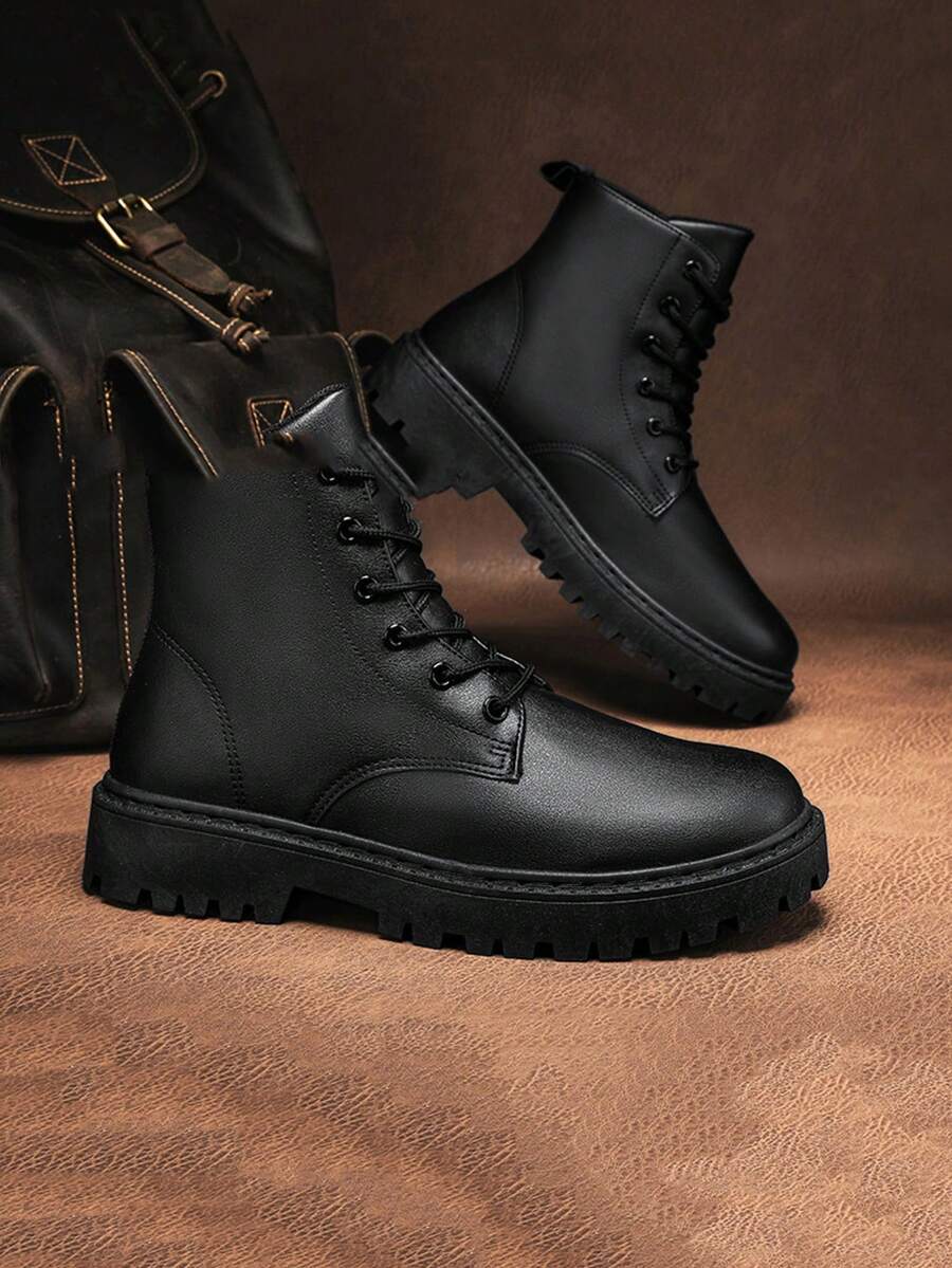 Men's High Top Boots, Autumn/Winter, All-Match Black Leather Casual Shoes, Wear-Resistant Low-Cut Cargo Shoes, New Fashionable Casual Shoes Go With Dress, Western Style Punk Lace-Up Metal Eyelets Holiday - Black - View 1