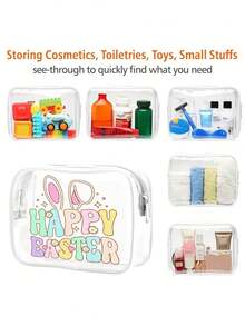 Felices Pascuas, Bolsa de cosméticos con estampado de conejo de Pascua, disponible en tamaños grande y pequeño, bolsa organizadora de viaje con cierre de cremallera de PVC, bolsa de maquillaje y artículos de tocador ligera y resistente a la decoloración para mujeres y niñas - Multicolor - Ver 4
