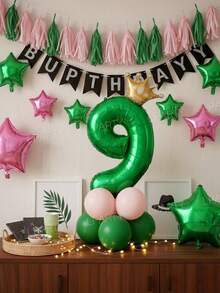 12pcs/Set 32-Inch Green Number 0-9 Birthday Party Decorative Balloons, 10-Inch Light Green And Macaron Pink Latex Balloons, Mini Gold Crown Shaped Balloons, Suitable For Birthday, Baby Shower, Princess Theme Party Decorations - Green Numbers - View 3