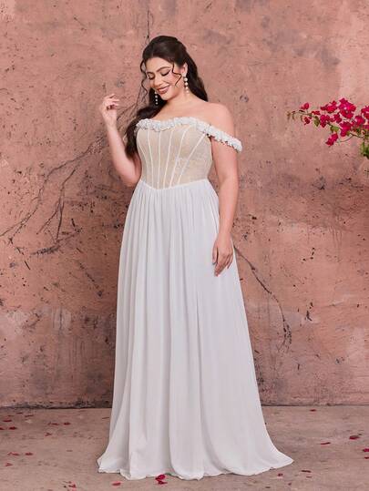 Magiacy 大码白色蕾丝束腰露肩雪纺A字长裙，优雅女士夏季礼服，适合婚礼、舞会、派对、度假和节日穿着