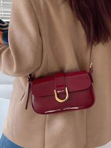 Lacquered Polyurethane Leather Handbag For Women, Burgundy Baguette Bag, Y2K Babe Bag, Shoulder/Underarm Mini Square Bag,Student Retro Inspired Bag - Màu Đỏ Sâu - Xem 4