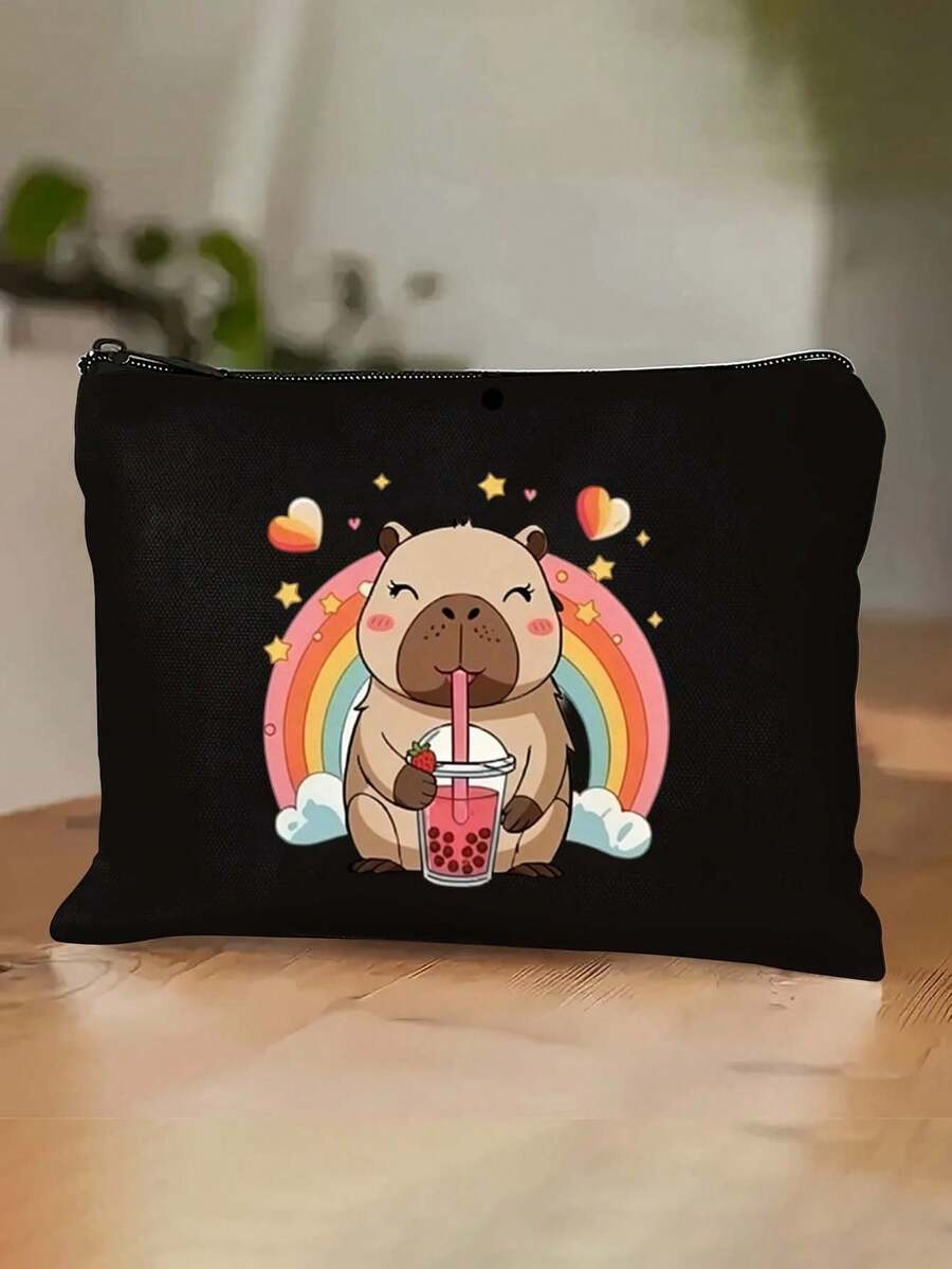 2D Cartoon Hamster Drinking Bubble Tea Retro Print Cosmetic Bag, Toiletry Bag, Travel Bag, Zipper Closure, Fashion Gift, Best Gift For Girlfriend/Sisters, Portable Makeup Pouch Makeup Bag Make Up Organizer Makeup Storage Wash Bag Toiletry Travel Bag Vacation Essentials For Travel Gifts For Women - Multicolor - View 1