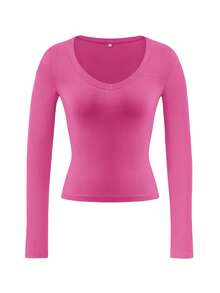 Áo dệt kim dài tay cổ chữ V ôm sát gợi cảm phong cách Y2K dành cho nữ của Vaiaye, áo thun cổ chữ V màu trơn mùa xuân/hè, thích hợp mặc trong ngày Valentine. - Hồng hồng - Xem 3