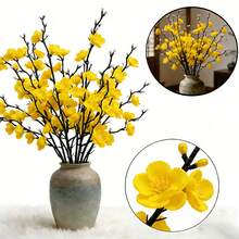 Eight Pure White Artificial Plum Blossoms, With Full, Three-Dimensional Shapes That Are Resistant To Fading. These Lifelike Flowers Are Perfect For Weddings, Parties, Home Décor, Outdoor Garden Decorations, And Exhibitions, Making Them The Best Gift Choice. - Hua-002-8-huang - View 1