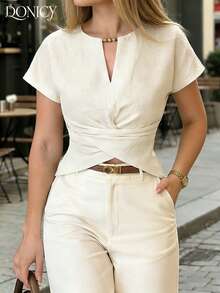 DONICY 女士浅卡其色V领扭腰短袖上衣，适合情人节及日常休闲穿着 - 白色 - 查看 1