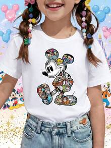 Disney Mickey Mouse Silhouette Character Collage Movie Mashup Art Printed Pattern T-Shirts For Girls - Children's Clothing Design Short-Sleeved Casual And Cute Style Comfortable And Casual Wear All Year Round Suitable For Parties And Play Machine Washable Gift Children's Clothing Girls' Short-Sleeved Shirts - White - View 1