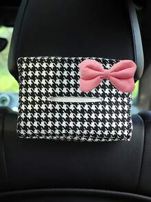 1pc Houndstooth Bow Tie Car Tissue Box, Houndstooth Car Sunvisor Tissue Holder, Multi-Function Napkin Box Auto Accessories - A - View 1