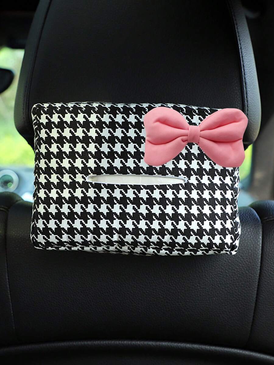 1pc Houndstooth Bow Tie Car Tissue Box, Houndstooth Car Sunvisor Tissue Holder, Multi-Function Napkin Box Auto Accessories - A - View 1