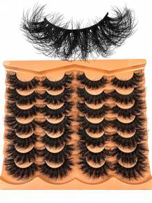 14 Pairs Super Thick & Dense Faux Mink Eyelashes, Cat Eye Style, Natural Appearance, D-Curl Fluffy Dramatic Messy Mink Lashes, Soft & Natural Lash Extension For Holiday Party, Halloween, Christmas - 濃密款 - 查看 1