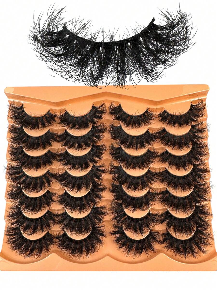 14 Pairs Super Thick & Dense Faux Mink Eyelashes, Cat Eye Style, Natural Appearance, D-Curl Fluffy Dramatic Messy Mink Lashes, Soft & Natural Lash Extension For Holiday Party, Halloween, Christmas - 濃密款 - 查看 1
