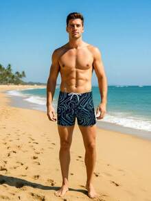 男士条纹抽绳腰带休闲泳裤 - 黑色 - 查看 3