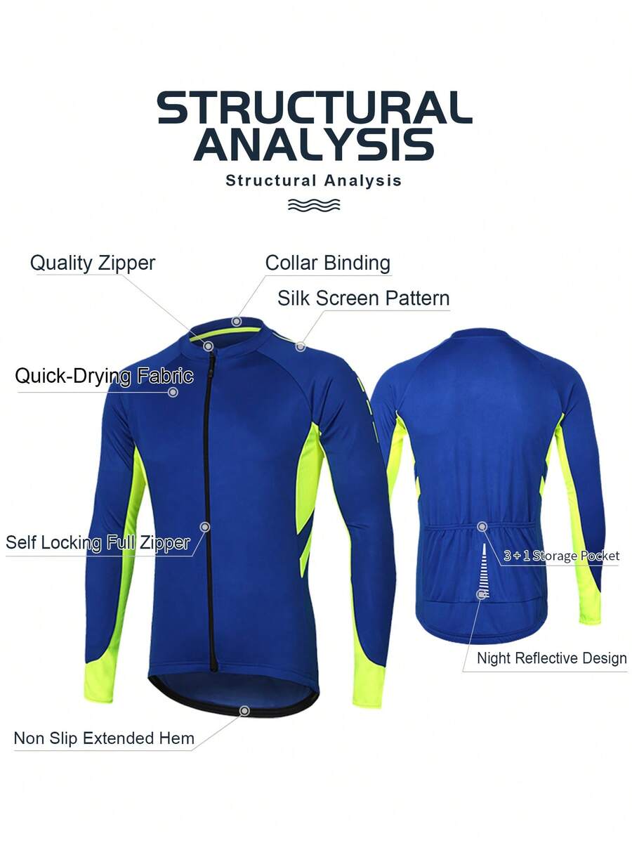Men's Spring/Autumn Outdoor Cycling Jacket, Stand Collar, Contrast Color, Reflective Stripes, 4 Pockets On Back, Sports Windbreaker - View 1