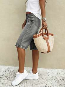 Pantalones cortos de mezclilla de pierna recta para mujer: de moda, sueltos y cómodos, shorts versátiles de pierna ancha de longitud media - Gris Claro - Ver 3