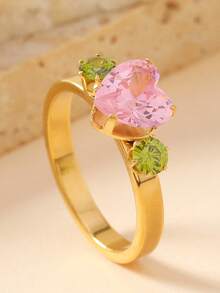 1 pieza Anillo de acero inoxidable con corazón de cristal de imitación y polvo dorado, regalo del Día de San Valentín, joyería de moda para mujeres - anillo - Ver 9