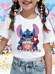 Disney Lilo & Stitch Cute Movie Night Popcorn & Soda Graphic Printed Pattern T-Shirts For Girls - Children's Clothing Design Short-Sleeved Casual And Cute Style Comfortable And Casual Wear All Year Round Suitable For Parties And Play Machine Washable Gift Children's Clothing Girls' Short-Sleeved Shirts - trắng - Xem 1