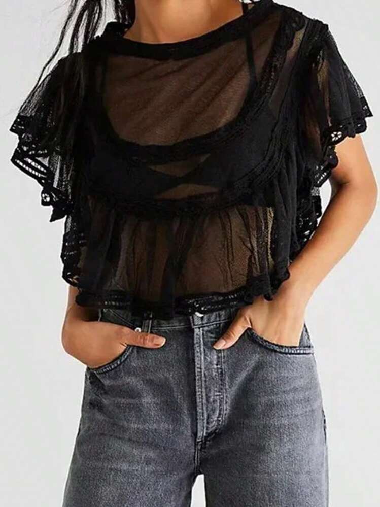 Bohemian Women's Lace Folded Lace Shirt Top - Casual Perspective Loose Short Half Sleeve Top, Suitable For Summer Daily Vacation Party Cowboy Concert - 黑色 - 查看 4