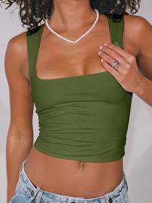 Women's Solid Color Double-Layer Pleated Square Neck Camisole, Spring/Summer Casual - Olive Green - View 6