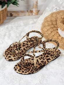 新款夏季豹纹露趾平底凉鞋，舒适面料，简约设计 - 豹紋 - 查看 5