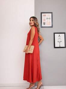 Long Dress In Viscose/Lycra Blend With Side Pockets. - 赤陶 - 查看 4