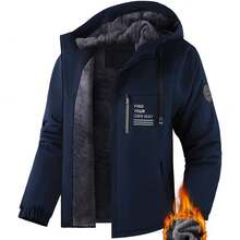 Pearson OBM Men'S Solid Color Hiking Jacket, Featuring A Hood And Plush Lining, High-Quality Windproof Outerwear, Suitable For Outdoor Sports, Climbing, And Thickened Ski Wear With A Stylish Versatile Design And Fixed Print Zipper Pockets. - 深藍色 - 查看 1