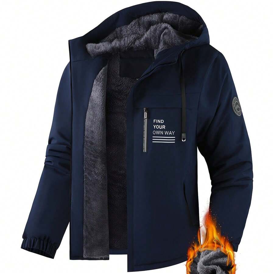 Pearson OBM Men'S Solid Color Hiking Jacket, Featuring A Hood And Plush Lining, High-Quality Windproof Outerwear, Suitable For Outdoor Sports, Climbing, And Thickened Ski Wear With A Stylish Versatile Design And Fixed Print Zipper Pockets. - 深藍色 - 查看 1