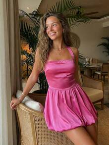 Women's Satin Bubble Hem Halter Dress  Backless Tie-Up Neck Mini Dress In Muted Color Palette  Perfect For Summer Parties, Beach Getaways, And Date Nights  Available In Multiple Hues - 玫紅色 - 查看 5