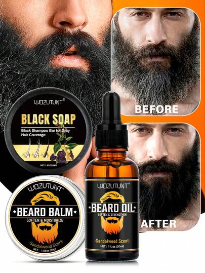 黑发洗发皂、胡须膏和胡须油、白发胡须遮盖霜、滋养造型、黑灰脱毛皂、含黑芝麻的蓼草洗发皂、自然恢复胡须乌黑、修复受损、保湿、深层清洁和头皮护理、男士日常使用的天然黑发洗发皂套装