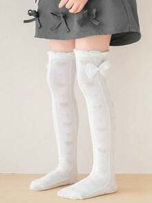 1 par de calcetines para niñas con lazo de primavera, calcetines altos con barras paralelas de estilo preppy - Multicolor - Ver 7