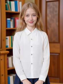 Unisex Tween Girl Classic Cotton Long Sleeve Pleated Shiny Button School Uniform Shirt, Formal Top, White, Suitable For Back To School, Graduation, Performance, Campus, Formal Occasions, Party, Banquet - White - View 11