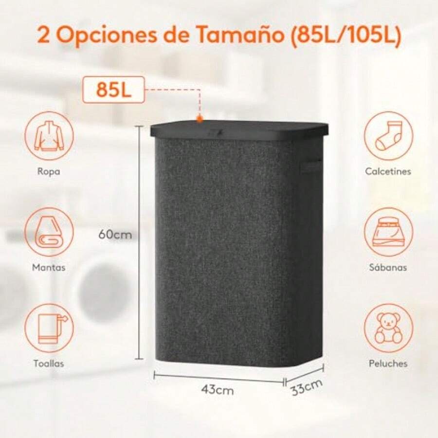 Cesto para Ropa Sucia de 85L con Tapa Cesta para la Colada con Asas de Plástico y Bolsa íble Cesto de Ropa Plegable Grande para Cuarto de Baño Lavadero Dormitorio Gris oscuro -021 - Gris oscuro - Ver 1