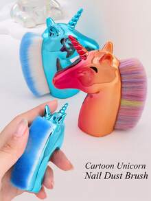 1pc Cartoon Unicorn Nail Art Brush Makeup Tool Glitter Pigment Dust Nail Art Cleaning Tool,Blue & Rose Gold Color Multifunctional Brush Single Powder Brush,Suitable For Beauty And Nail Artistry - Multicolor - View 2