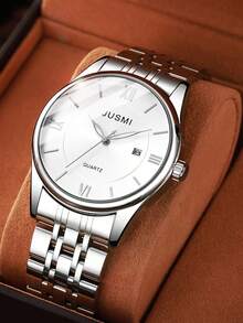 1pc JUSMI Business Minimalist Men's Quartz Watch, Silver Steel Strap Calendar Wristwatch, Versatile For Commuting, Suitable As Gift For Holidays And Daily Wear - one-size - View 1