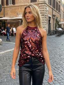 Women's Summer Sequin Tank Tops Sleeveless Crew Neck Slim Fit Vest For Party Wedding - 紅色 - 查看 7