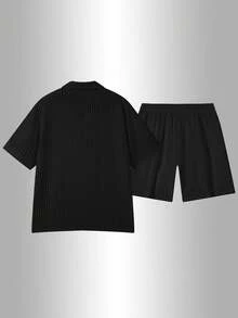 Men's Summer Striped Texture POLO Suit, Breathable Short-Sleeved Shorts For Leisure Vacation. - 黑色 - 查看 4