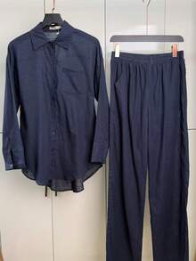 Linen Shirt And Pants Set (2 Pieces), Lined With Elastic. - Dark Wash - View 1