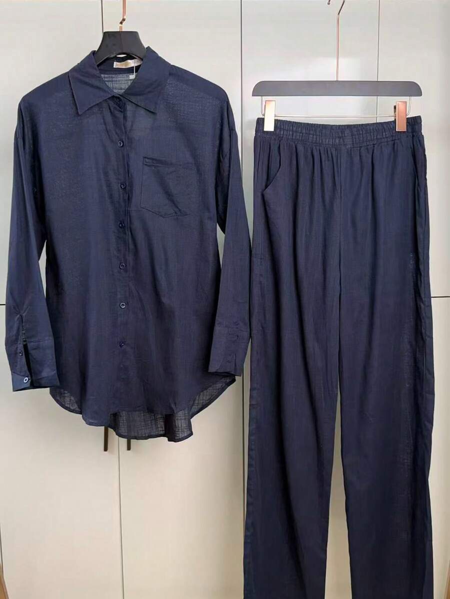 Linen Shirt And Pants Set (2 Pieces), Lined With Elastic. - Dark Wash - View 1