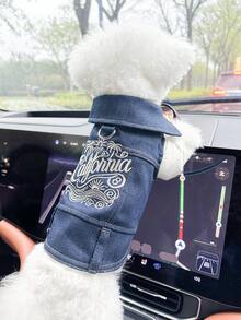 1pc Pet Clothes, European & American Style, Suitable For Small Dogs & Puppies, Stylish & Cute Comfortable Golden California Jacket - Blue - View 2