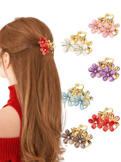 3/6个彩色水钻花朵发夹，女士温柔甜美半扎发髻造型发夹，优雅时尚闪亮百搭发饰