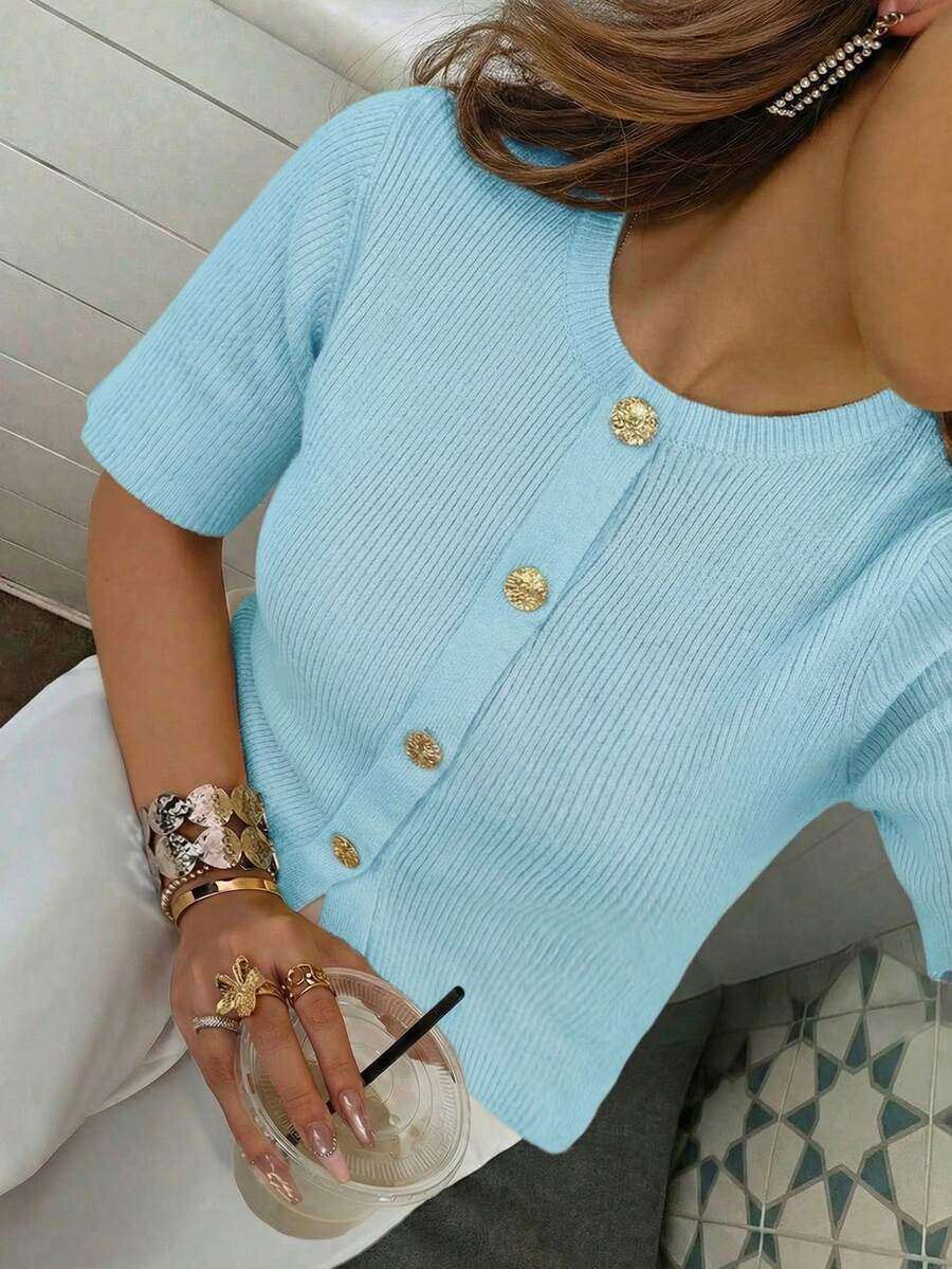 Women's Fashionable French Soft Wax-Feeling Loose Knit Cardigan, Women's Loose Short Knit Sweater Top, Spring/Summer - Baby Blue - View 1