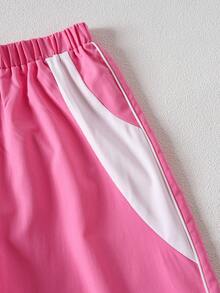 Printed Letter Waist Cropped Shorts + Solid Color Straight Leg Pants Set, For Teens, Spring/Summer - Pink - View 4