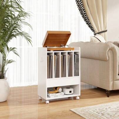 Turntable Stand Storage Cabinet Table, Record Player Stand W/4 Record Dividers