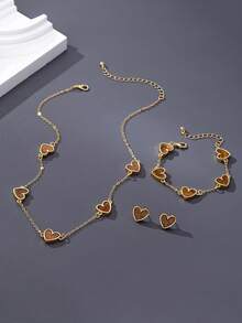 Bộ trang sức 4 món thời trang, cá nhân hóa, thiết kế hình trái tim tinh tế màu nâu cà phê gồm dây chuyền, vòng tay và bông tai, phù hợp cho phụ nữ đeo hàng ngày và là món quà tuyệt vời nhất cho Ngày Valentine, bạn gái, mẹ. - Cà phê nâu - Xem 4