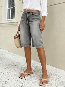 Pantalones cortos de mezclilla de pierna recta para mujer: de moda, sueltos y cómodos, shorts versátiles de pierna ancha de longitud media - Gris Claro - Ver 5