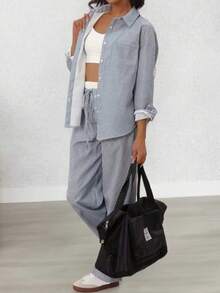 2pcs Women's Fashion Striped Shirt Set - Front-Buttoned Pocket Long Sleeve Shirt And Elastic Waist Drawstring Straight Leg Pants, Autumn - Gray Blue - View 2
